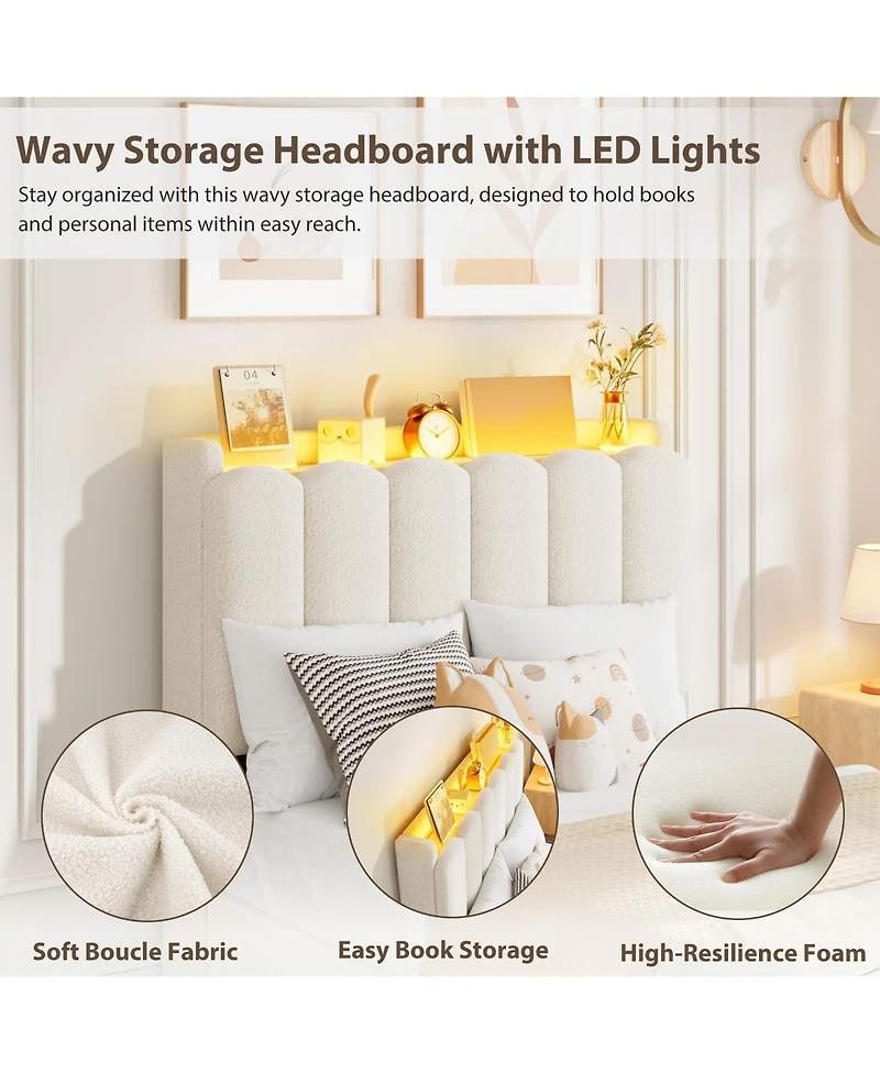 homfan Upholstered Platform Bed Frame with Led Storage Headboard and 2 Drawers