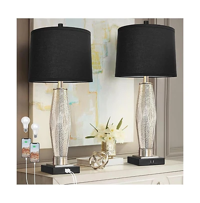 Sofucor 28-inch Table Lamps Set of 2, Bedroom Lamp with Usb A+C Charging Ports, Modern Glass Beside Lamps