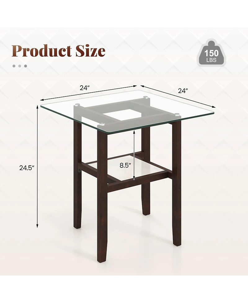 Gymax 24'' Square Glass Side Table with Storage Shelf and Rubber Wood Frame for Living Room