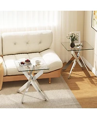 Gymax Glass Side Table Square End Table with Tempered Glass Top and Metal X Base