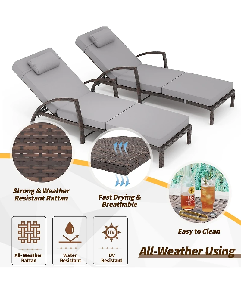 Homfan Adjustable Wicker Outdoor Chaise Lounge Chair with Wheels and Thick Washable Cushion, 5-Position Rattan Patio Recliner for Pool Garden