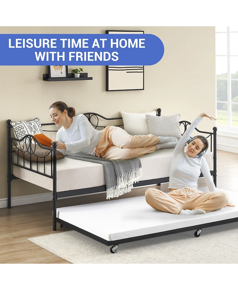 Daybed with Pull-Out Trundle, Metal Sofa Bed Frame with Slat Support and Decorative Headboards for Bedroom or Guest Room