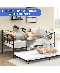 Daybed with Pull-Out Trundle, Metal Sofa Bed Frame with Slat Support and Decorative Headboards for Bedroom or Guest Room