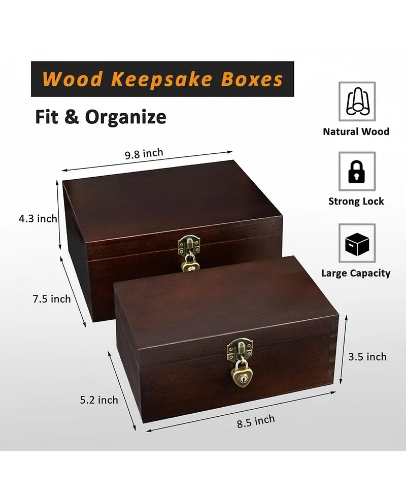 Yigii Set Of 2 Decorative Wood Storage Boxes Hinged Lid Keepsake Organizer Gift Container For Home Office