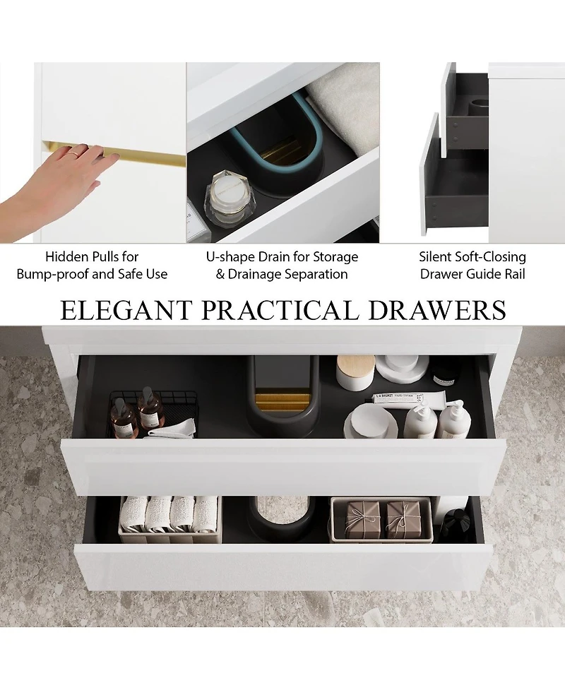 Sillysis Wall Mounted Bathroom Vanity with Glossy Resin Sink, Soft Close Drawers