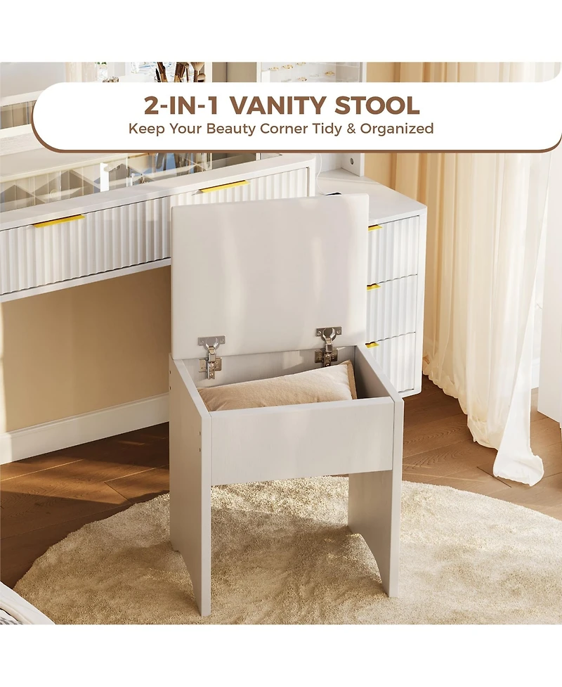 homfan Vanity Desk with Lighted Mirror, Glass Top Dressing Table Charging Station and Cushioned Storage Stool for Bedroom