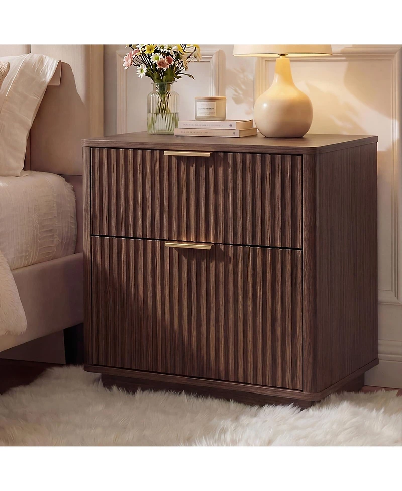homfan Mid Century Modern Fluted Nightstands with Charging Station, 23 Inch 2-Drawer Curved End Table for Bedroom and Living Room