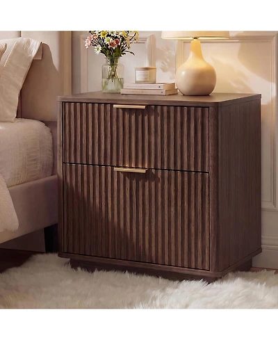 homfan Mid Century Modern Fluted Nightstands with Charging Station, 23 Inch 2-Drawer Curved End Table for Bedroom and Living Room