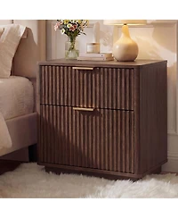 homfan Mid Century Modern Fluted Nightstands with Charging Station, 23 Inch 2-Drawer Curved End Table for Bedroom and Living Room