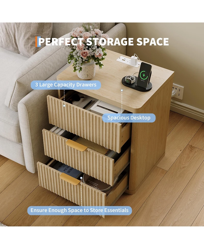 homfan Set of 2 Modern Fluted Nightstands with Charging Station, Drawers and Open Storage Shelf, Rounded Corners, Metal Handles, Wooden for Bedroom