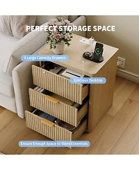 homfan Set of 2 Modern Fluted Nightstands with Charging Station, Drawers and Open Storage Shelf, Rounded Corners, Metal Handles, Wooden for Bedroom