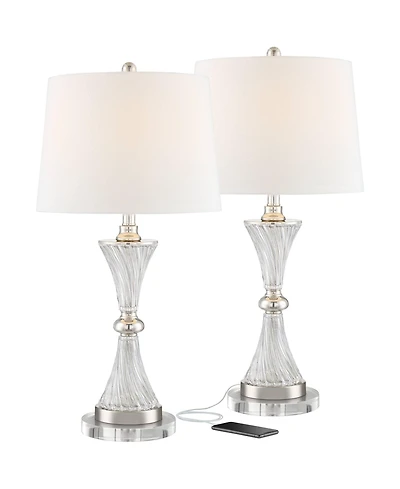 Regency Hill Luca Modern Table Lamps Set of 2 with Round Risers 26.5 Inches High Glass Usb Charging Port Fabric Drum Shade for Living Room Desk Office