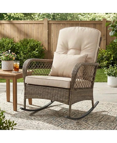 GarveeLife Outdoor Wicker Rocking Chairs, Pe Rattan Garden Rocking Chairs Wicker Garden Armchair with Thick Cushion Pillow Patio Rocker Chair