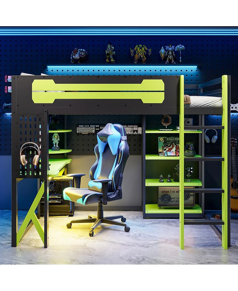 Streamdale Furniture Wood Loft Bed w/Desk, Shelves, Power, Usb/Type-c, Rgb Light