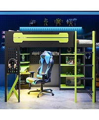 Streamdale Furniture Wood Loft Bed w/Desk, Shelves, Power, Usb/Type-c, Rgb Light