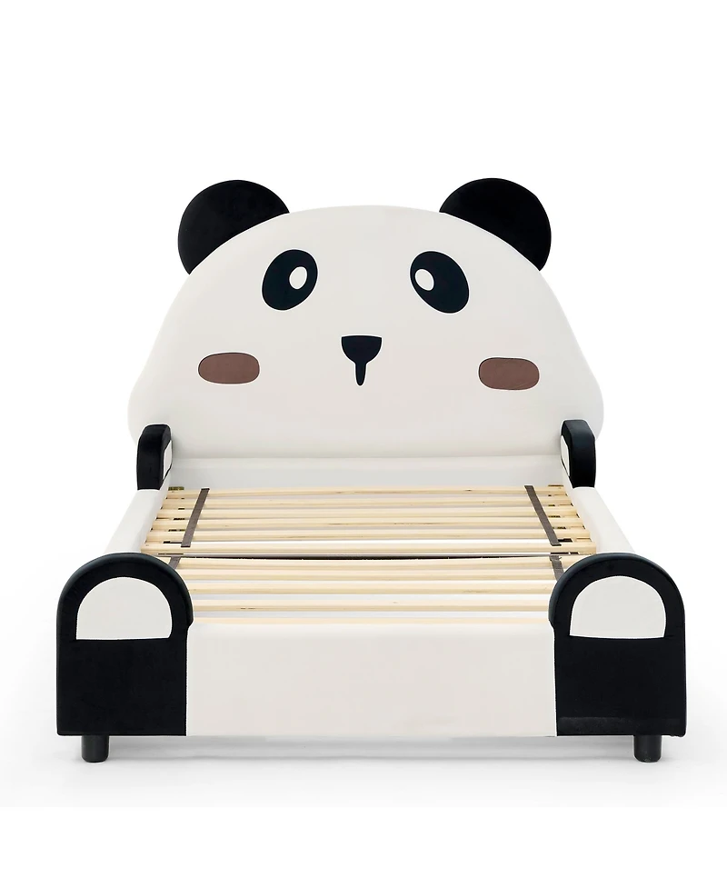 Rainsken Twin Size Upholstered Platform Bed, Solid Wood Kids Bed Frame with Cute Panda-Shaped Headboard, Safety Soft Padded Edges for Children