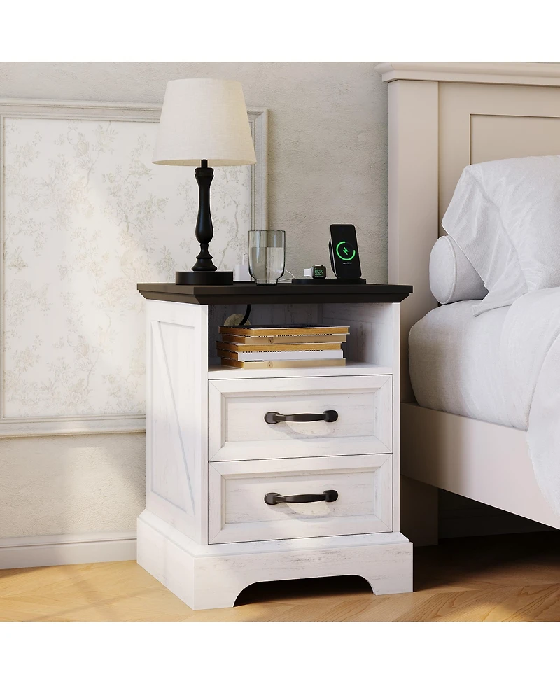 homfan Rustic Farmhouse Bedside Table with Charging Station, 2 Drawers, Usb and Ac Power Outlets, Durable Mdf Material, Metal Handles