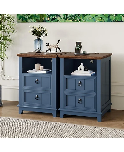 homfan 18 Inch Modern Farmhouse Wooden Bedside Table with Charging Station, 2 Drawers and Open Shelf, End Table for Bedroom and Living Room