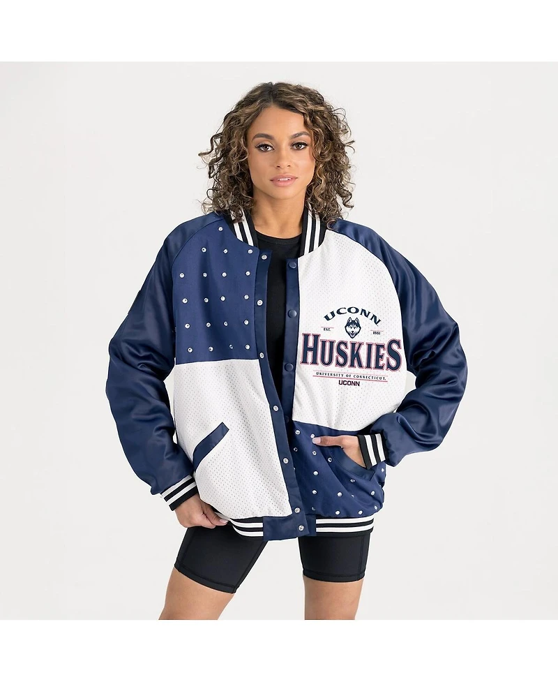 Gameday Couture Women's Navy UConn Huskies Oversized Inner Drive Varsity Rhinestone Full-Snap Bomber Jacket