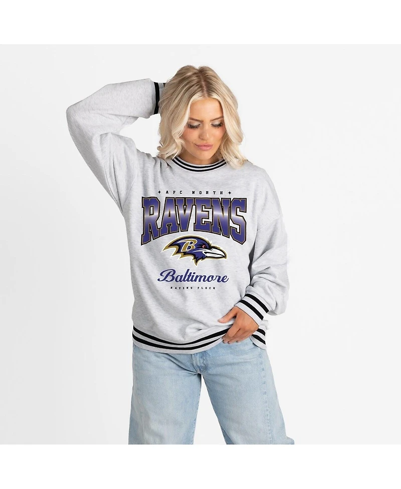 Gameday Couture Women's Ash/Black Baltimore Ravens Oversized Gridiron Drive Ringer Stripe Sweatshirt