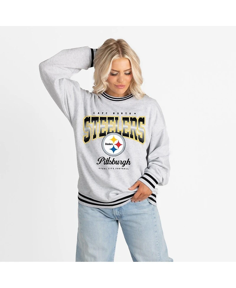 Gameday Couture Women's Ash/Black Pittsburgh Steelers Oversized Gridiron Drive Ringer Stripe Sweatshirt