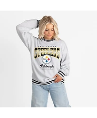 Gameday Couture Women's Ash/Black Pittsburgh Steelers Oversized Gridiron Drive Ringer Stripe Sweatshirt