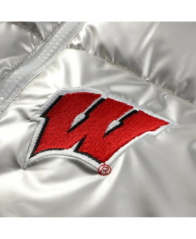 ZooZatz Women's Silver Wisconsin Badgers Metallic Cropped Full-Zip Sleeveless Puffer Vest