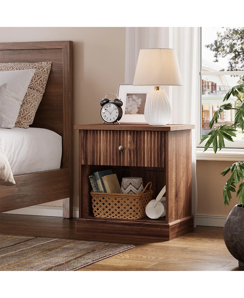 homfan Mid Century Modern Fluted Bedside Cabinet with Drawer, Space Saving Bedside Table with Large Storage for Bedroom and Living Room