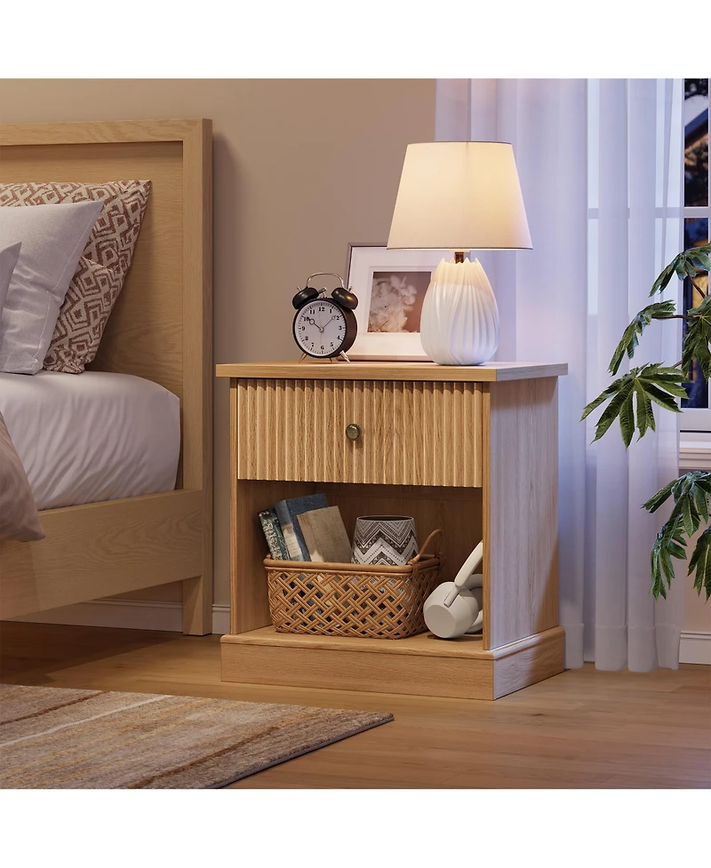 homfan Mid Century Modern Fluted Bedside Cabinet with Drawer, Space Saving Table Large Storage for Bedroom and Living Room