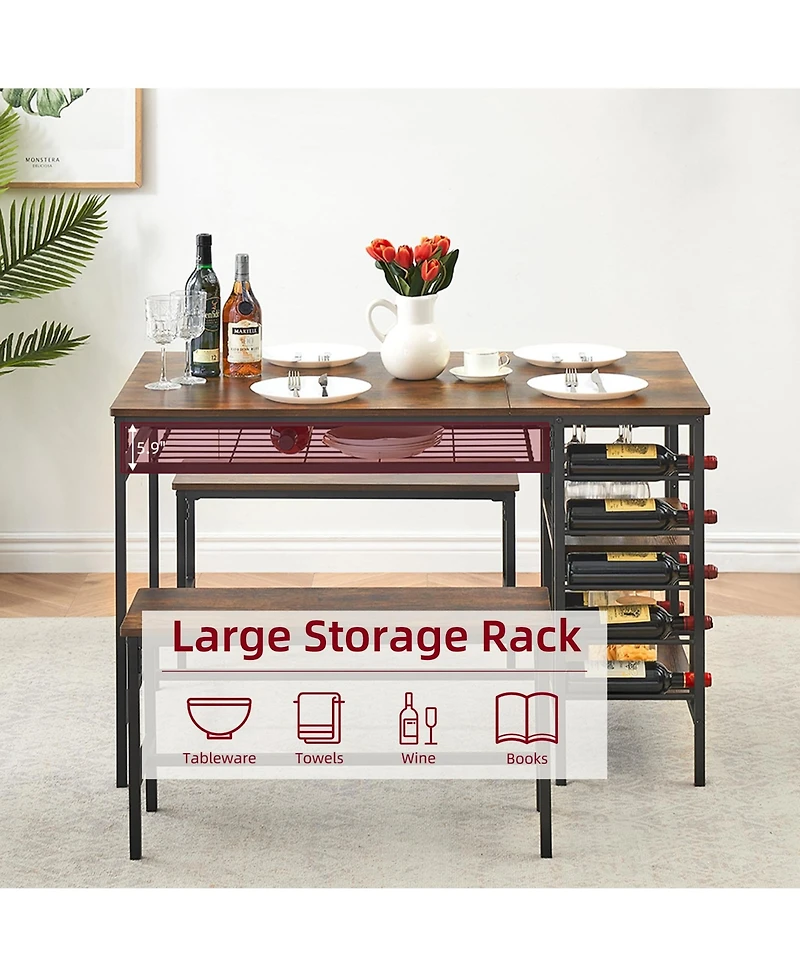 gaomon Dining Table Set for 4, Kitchen Table Set for 4 with 2 Benches, Rectangular Dining Room Table Set with Wine Rack