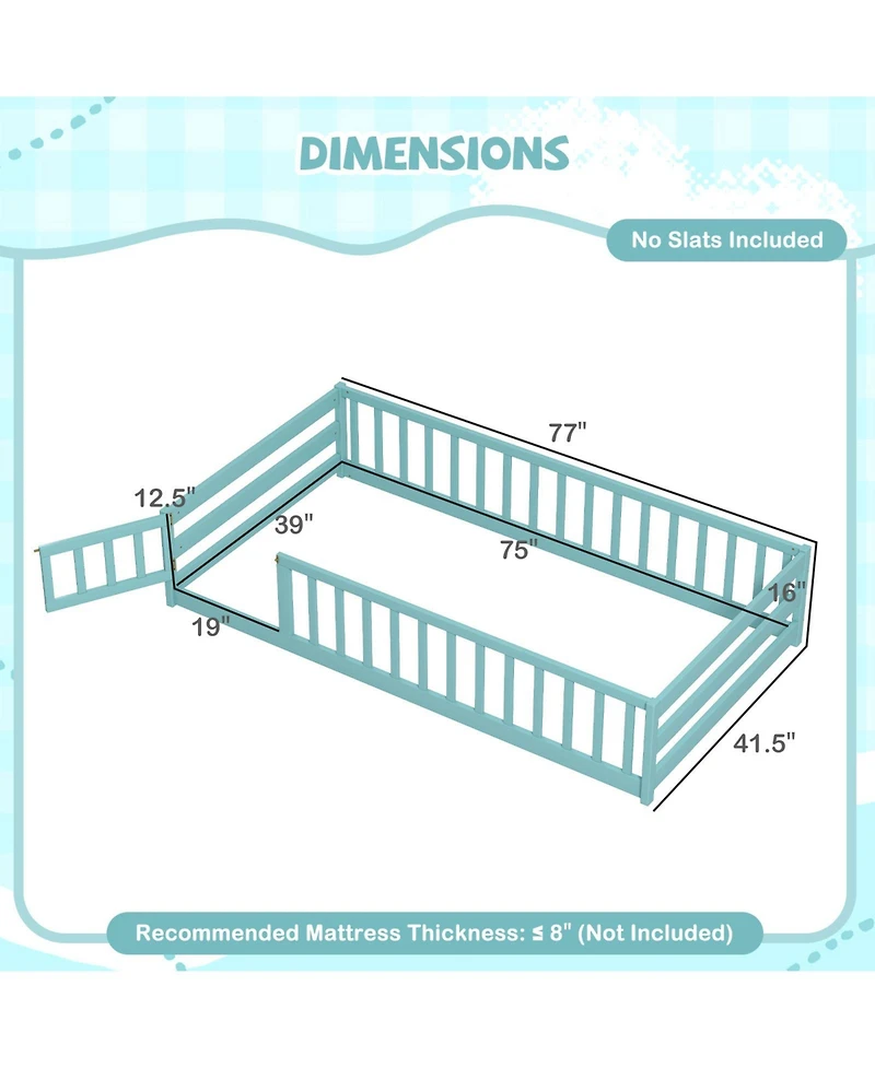 Sugift Twin Size Montessori Floor Bed Frame with Full Length Safety Guardrails