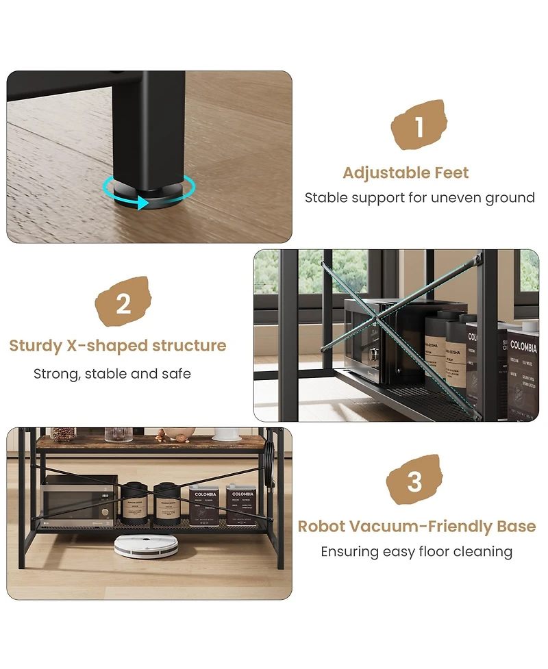 homfan 42 Inch Industrial Bar Table with Storage Power Outlet 2 Stools 3 Baker Rack 5 Hooks Microwave Stand Annual Rings Finish