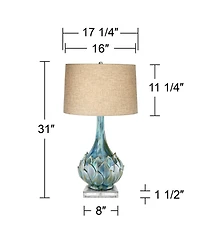 Possini Euro Design Kenya Modern Tropical Table Lamp with Riser 31 Inches Tall Linen Drum Shade for Bedroom Living Room Bedside Nightstand