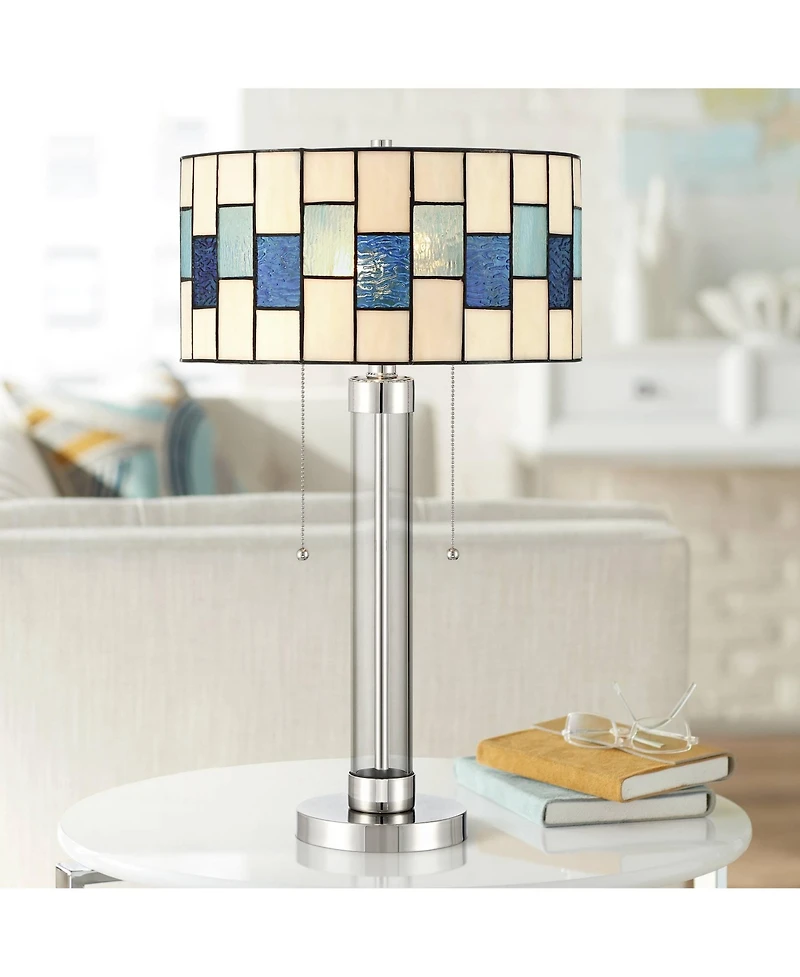 Robert Louis Tiffany Andra 24 1/2 inches High Small Modern Art Glass Table Lamp Pull Chain Silver Brushed Nickel Metal Living Room