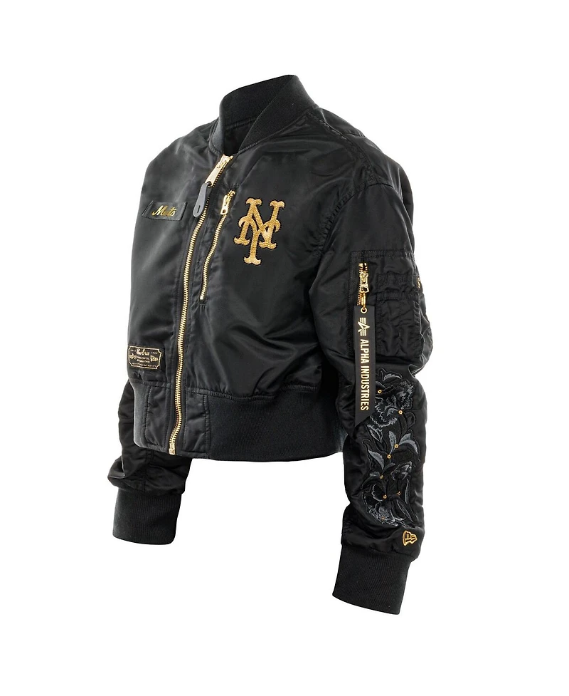 New Era X Alpha Industries Women's Black York Mets Cropped Full-Zip Jacket