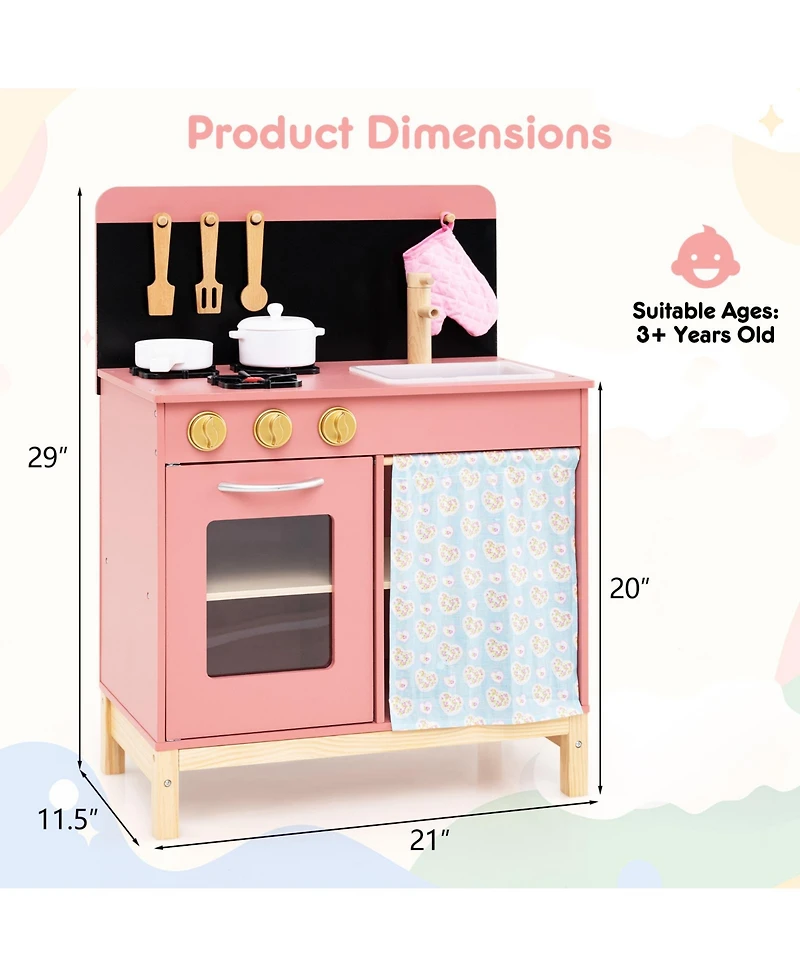 Slickblue Kids Wooden Pink Kitchen Playset with Door Curtain Pretend Play