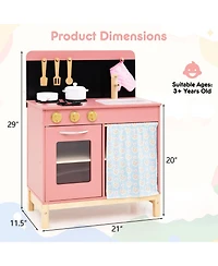 Slickblue Kids Wooden Pink Kitchen Playset with Door Curtain Pretend Play