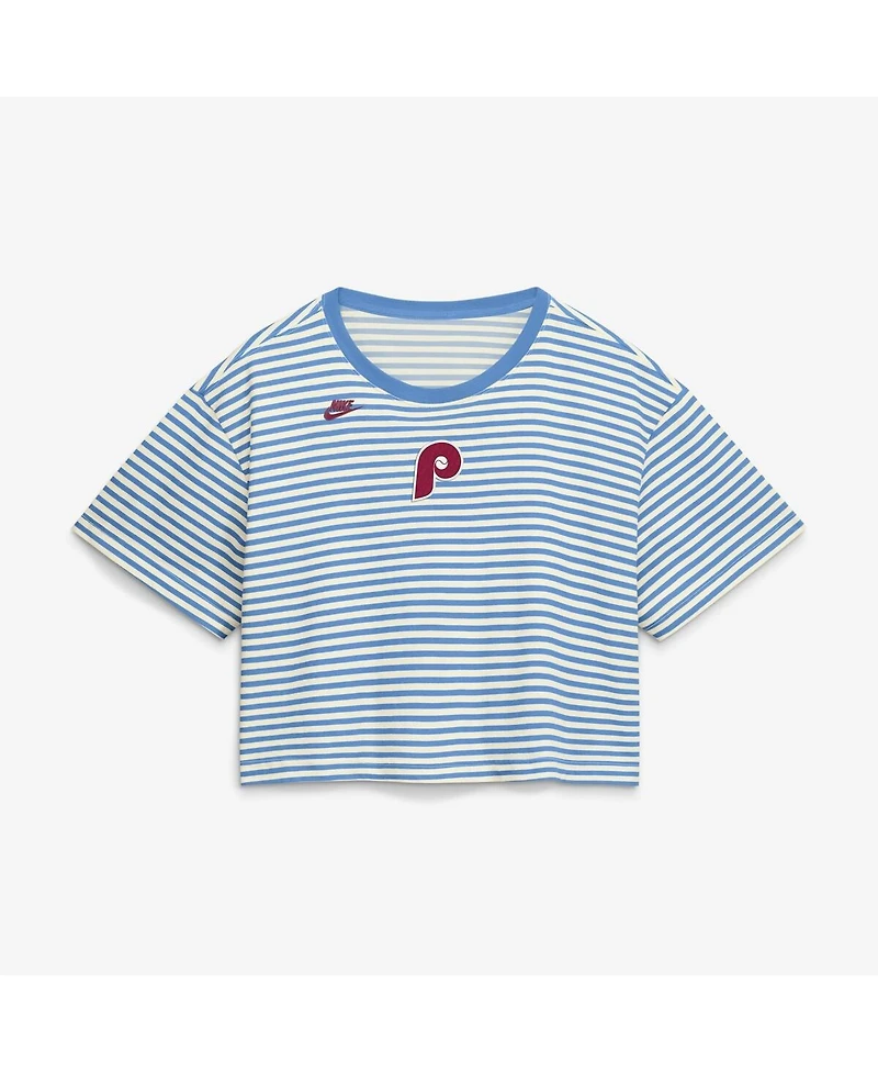 Nike Women's Light Blue/Cream Philadelphia Phillies Cooperstown Collection Striped Cropped T-Shirt