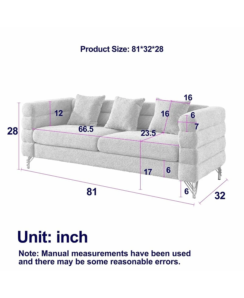 Maison Boucle 81'' Three-Seater Teddy Fabric Sofa Couch, Deep Seating, 3 Pillows
