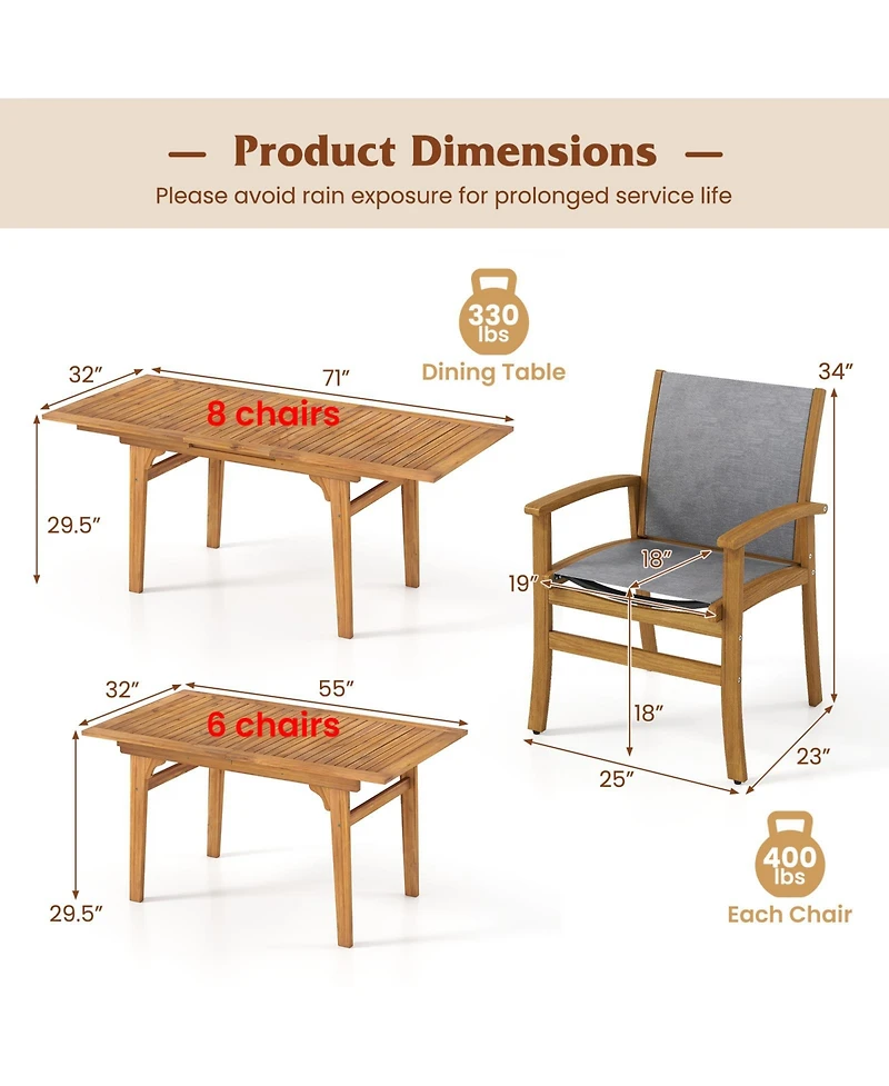 Sugift 9-Piece Acacia Wood Outdoor Patio Dining Set with Expandable Table