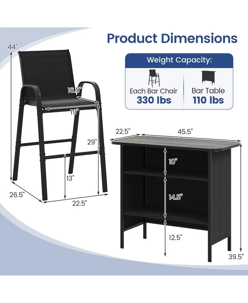 Sugift 3-Piece Outdoor Bar Set with Footrest and 2-Tier Storage Shelf