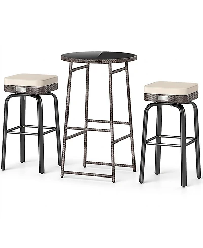 Sugift 3-Piece Outdoor Swivel Bar Set Pe Rattan Bar Height Table with 2 Chairs