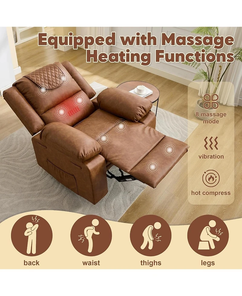 gaomon Oversized Pu Leather Manual Recliner with Vibration, Heating and Side Pocket. Perfect for Living Room or Bedroom