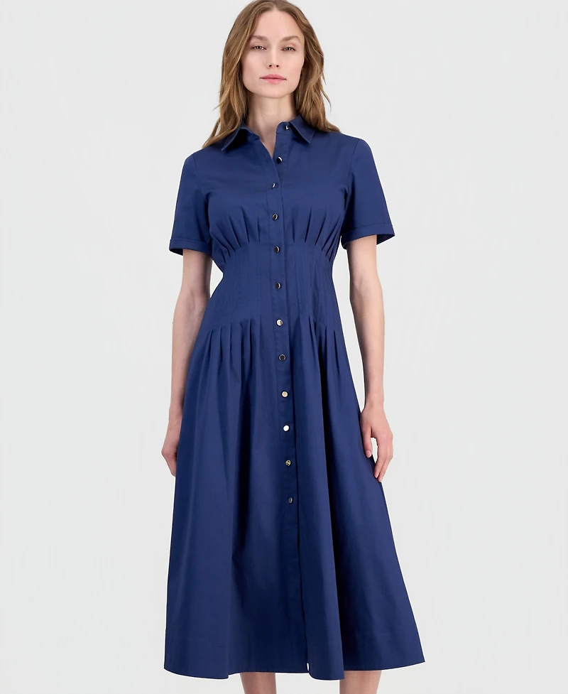 Anne Klein Women's Pleated-Waist Midi Shirt Dress
