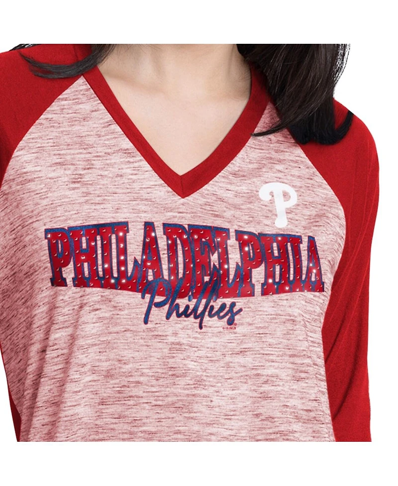 G-iii 4Her by Carl Banks Women's Red/Heather Red Philadelphia Phillies Speed Training 3/4-Sleeve Rhinestone V-Neck T-Shirt