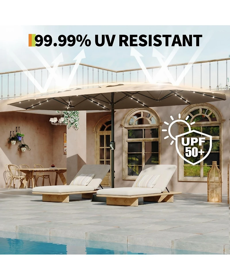 homfan 15FT Double-Sided Patio Umbrella with Solar Led Lights and Base, Uv Waterproof Canopy, 12 Ribs, Double-Layer Fabric, Heavy Frame