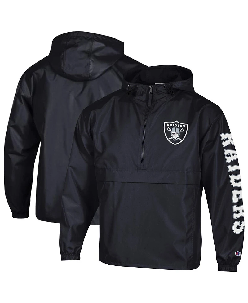 Champion Men's Black Las Vegas Raiders Packable Hooded Windbreaker Half-Zip Jacket