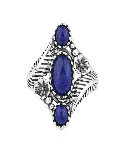 American West Jewelry Sterling Silver Lapis Oval Leaf and Vine Ring, Sizes 5 to 11