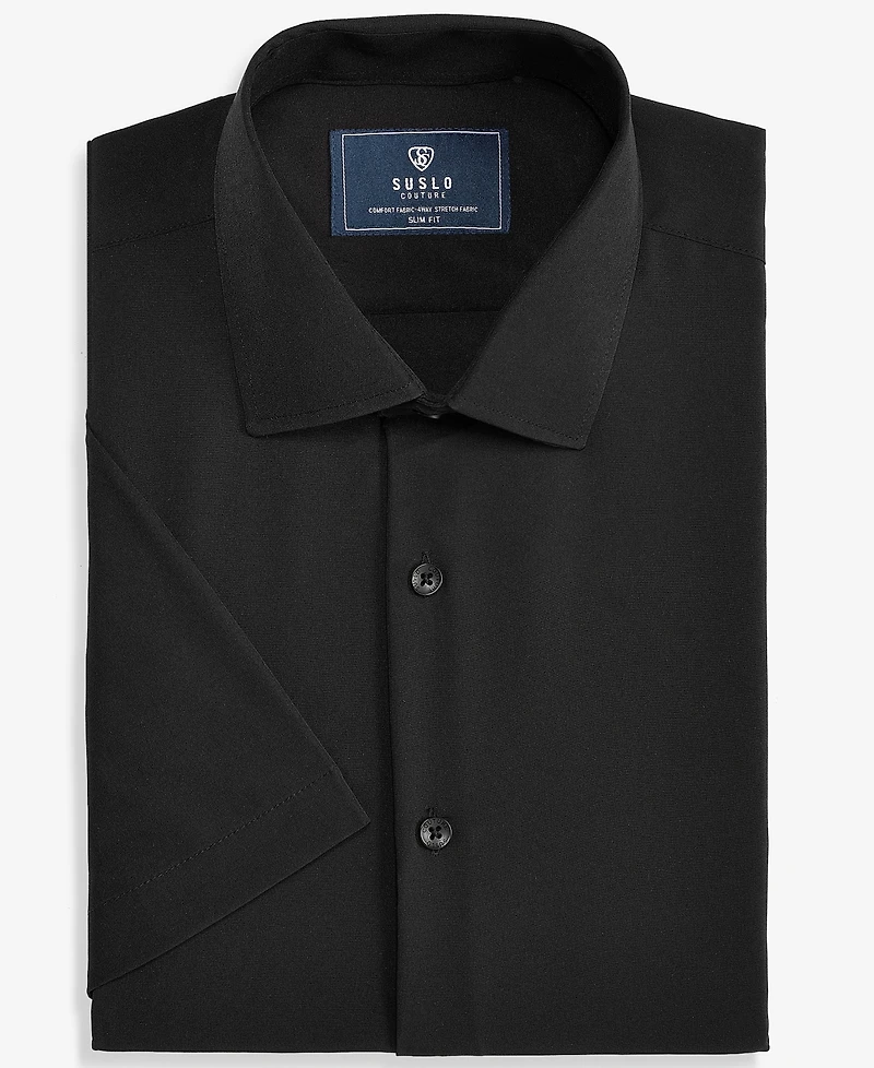 Suslo Couture Men's Slim-Fit Four-Way Stretch Solid Short-Sleeve Dress Shirt