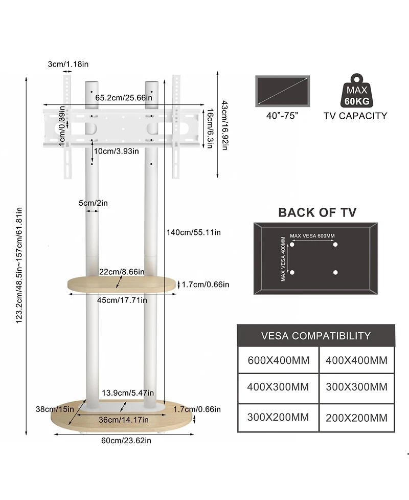 Unho Rolling Tv Stand with Mount for Living Room Bedroom 40-75 inch TVs,Max Vesa 600400mm